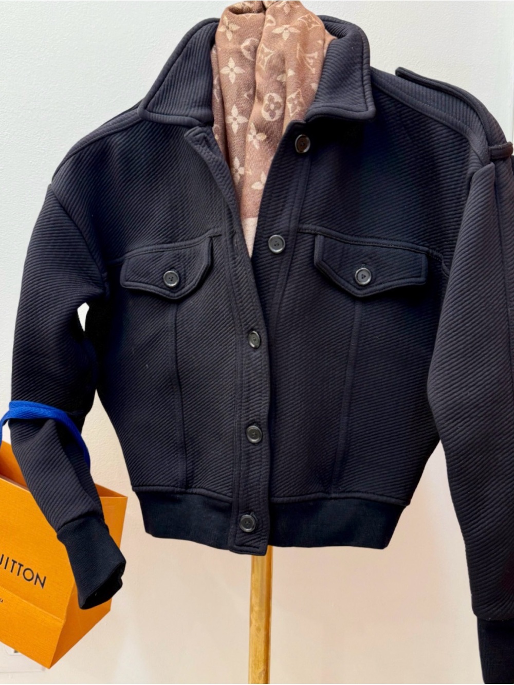 Louis Vuitton Black Bomber Jacket with Brown Scarf Accent